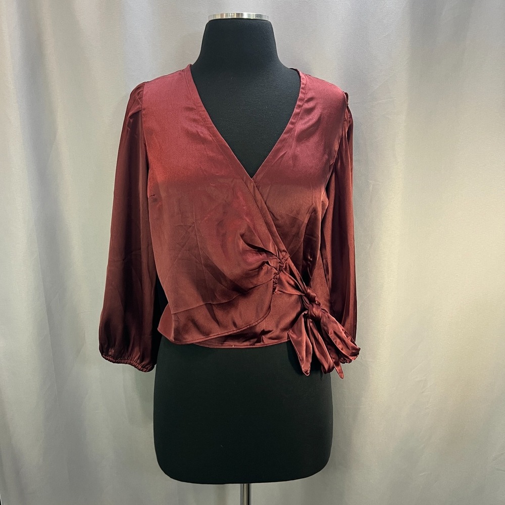 Abercrombie & Fitch Blouse Top Womens S Maroon Wrap Front Side Tie Smocked Back
